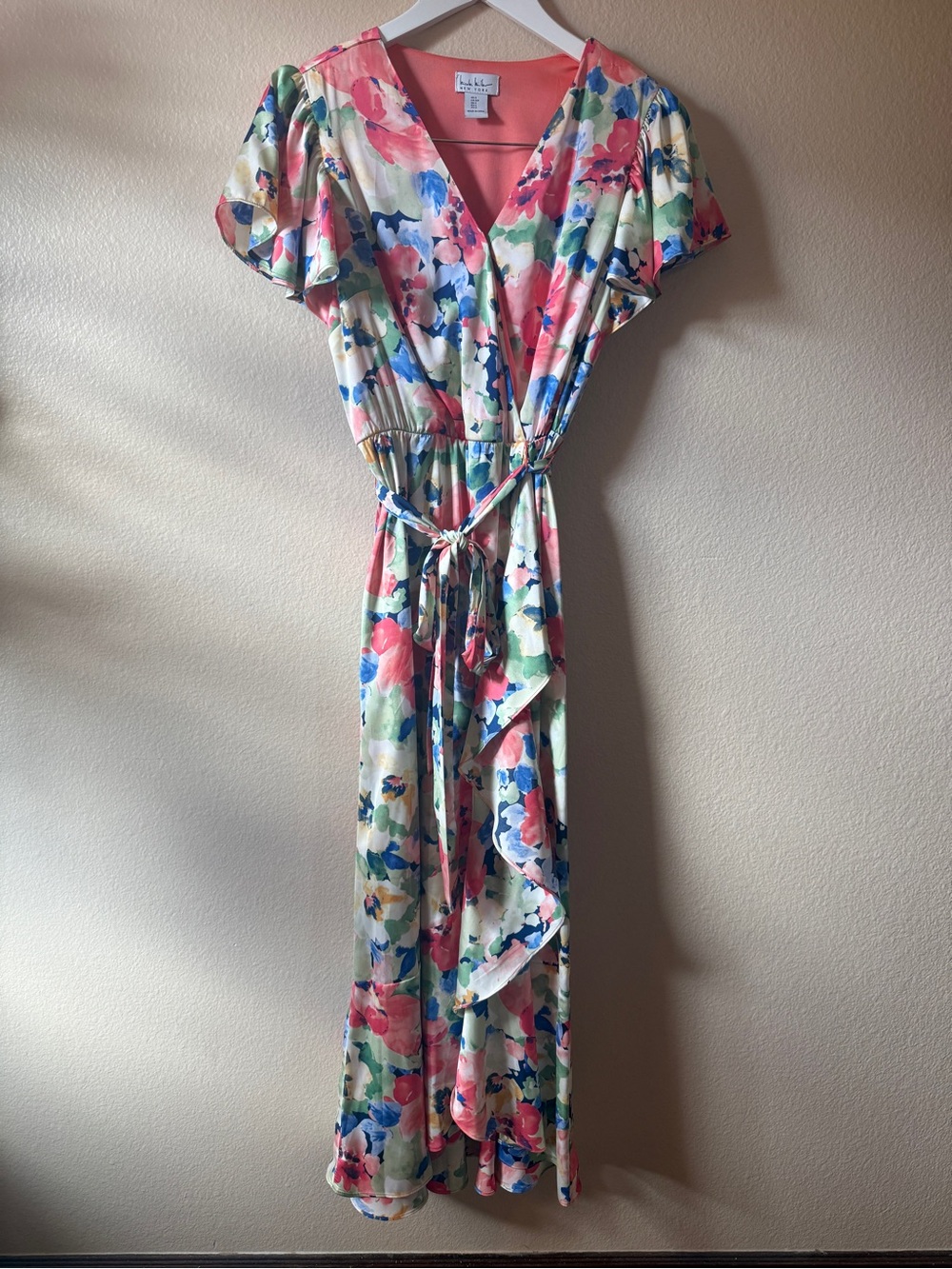 Nicole Miller Coral, Blue & Green Floral Wrap Maxi Dress
